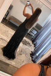 Black Prom Dress Sequined Waist Cut Out Evening Dress with Slit
